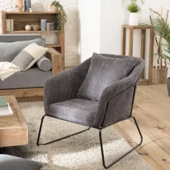 Fauteuil Tissu AGATHE Velours Cotelé Gris Anthracite Pieds Évasés Métal