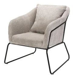 Fauteuil Tissu AGATHE Velours Cotelé Gris Perle Pieds Évasés Métal