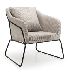 Fauteuil Tissu AGATHE Velours Cotelé Gris Perle Pieds Évasés Métal
