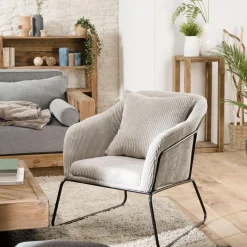 Fauteuil Tissu AGATHE Velours Cotelé Gris Perle Pieds Évasés Métal