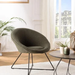 Fauteuil tissu bouclette vert kaki pieds croisés métal noir AGATHE