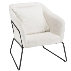 Fauteuil tissu bouclette blanc pieds évasés métal noir