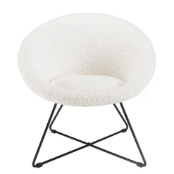 Fauteuil tissu bouclette blanc pieds croisés métal noir