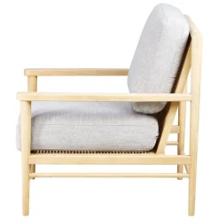 Fauteuil tissu lin gris clair pieds frêne naturel