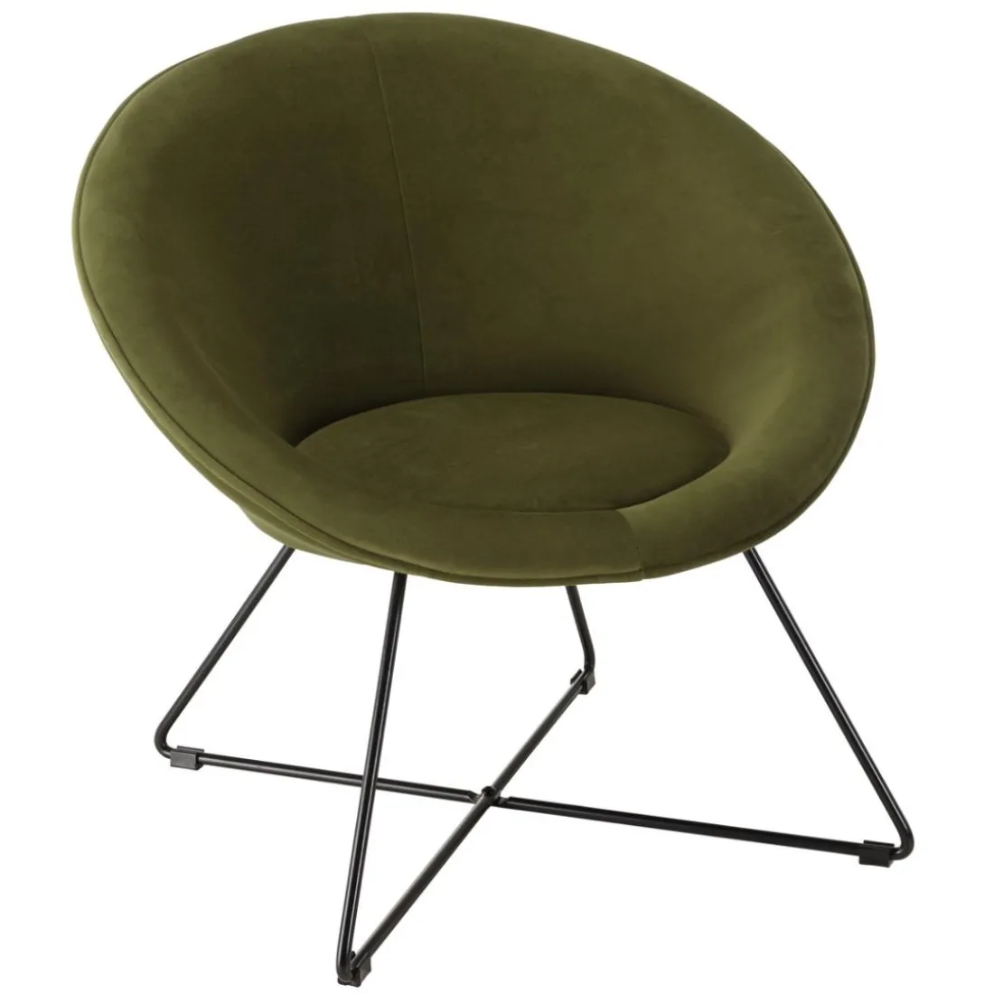Fauteuil tissu velours vert olive pieds croisés métal noir AGATHE
