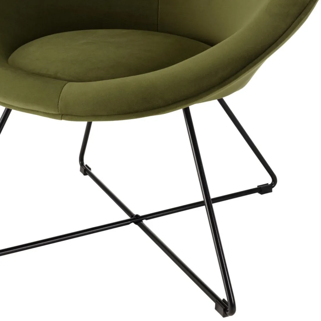 Fauteuil tissu velours vert olive pieds croisés métal noir AGATHE