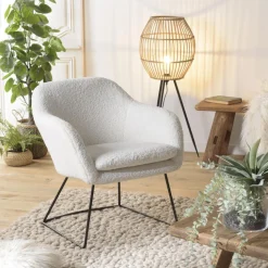 Fauteuil urban tissu bouclette blanc pieds évasés métal noir