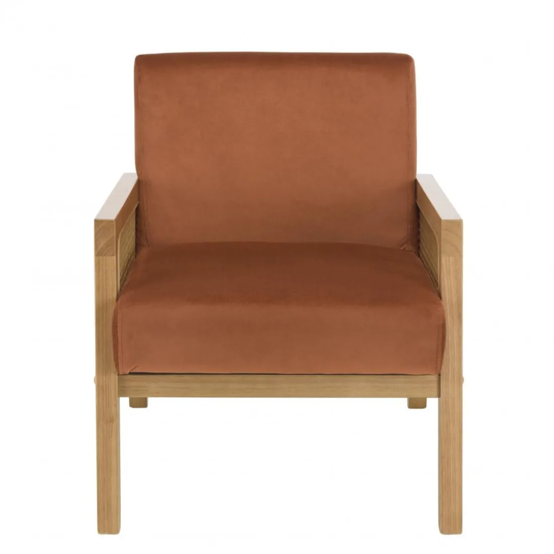 Fauteuil velours orange pieds bois et accoudoirs rotin