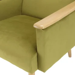 Fauteuil velours vert clair pieds et accoudoirs bois