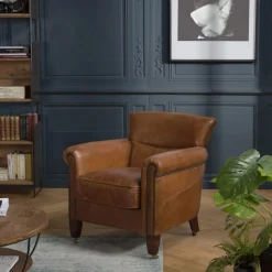 Fauteuil verone vintage cuir pieds bois avec roulettes GASTON