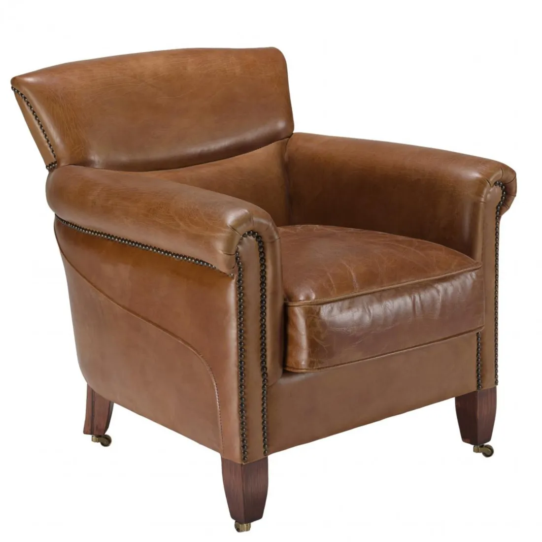 Fauteuil verone vintage cuir pieds bois avec roulettes GASTON