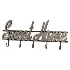 Garderobe murale 5 crochets motifs écriture en bois laqué gris et cadre en métal noir