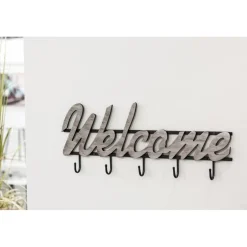 Garderobe murale 5 crochets écriture en bois laqué argent et cadre en métal laqué Noir