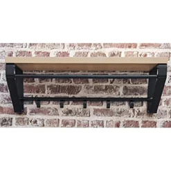 Garderobe murale avec plateau en MDF décor chêne et 5 crochets et 1 tringle en Métal laqué Noir