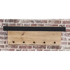 Garderobe murale avec Tringles et 5 crochets en MDF décor mélamine chêne et en Métal laqué noir Brillant