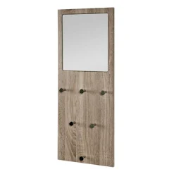 Garderobe murale décor bois miroir integré et 6 crochets