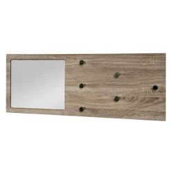 Garderobe murale décor bois miroir integré et 6 crochets
