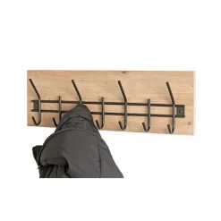 Garderobe murale décor chêne et 7 crochets métal noir
