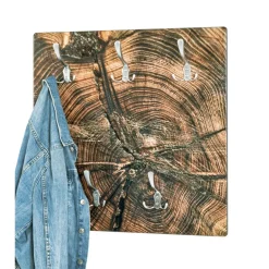 Garderobe murale en MDF avec impression par Ultra Violet Bois de bout et 5 crochets en métal optique Inox Marron