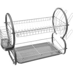 Égouttoir métal 2 niveaux avec plateau gris