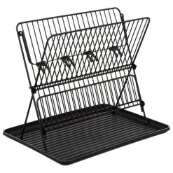 Égouttoir pliant 2 niveaux avec plateau en métal noir