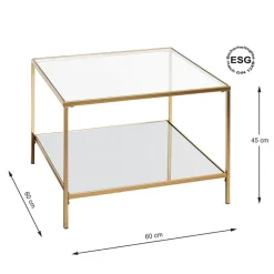 Grande table d'appoint carrée acier laqué d’or et plateaux miroir et verre trempé