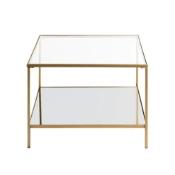 Grande table d'appoint carrée acier laqué d’or et plateaux miroir et verre trempé