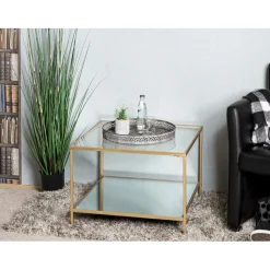 Grande table d'appoint carrée acier laqué d’or et plateaux miroir et verre trempé