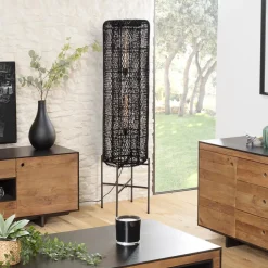 Lampadaire rotin couleur noire pieds acier SIXTINE