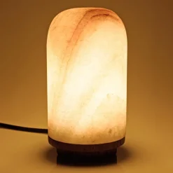 Lampe de table en pierre naturelle d'onyx et teck SIXTINE