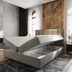 Lit boxspring avec matelas et sur-matelas inclus MERIL 180x220cm Tissu Gris