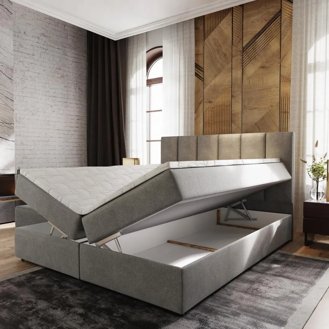 Lit boxspring avec matelas et sur-matelas inclus MERIL 180x220cm Tissu Gris