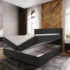 Lit boxspring avec matelas et sur-matelas inclus MERIL 180x220cm Simili Noir