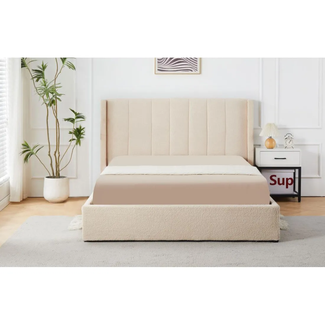 Lit double Magorial avec sommier relevable Tissu Bouclette Crème