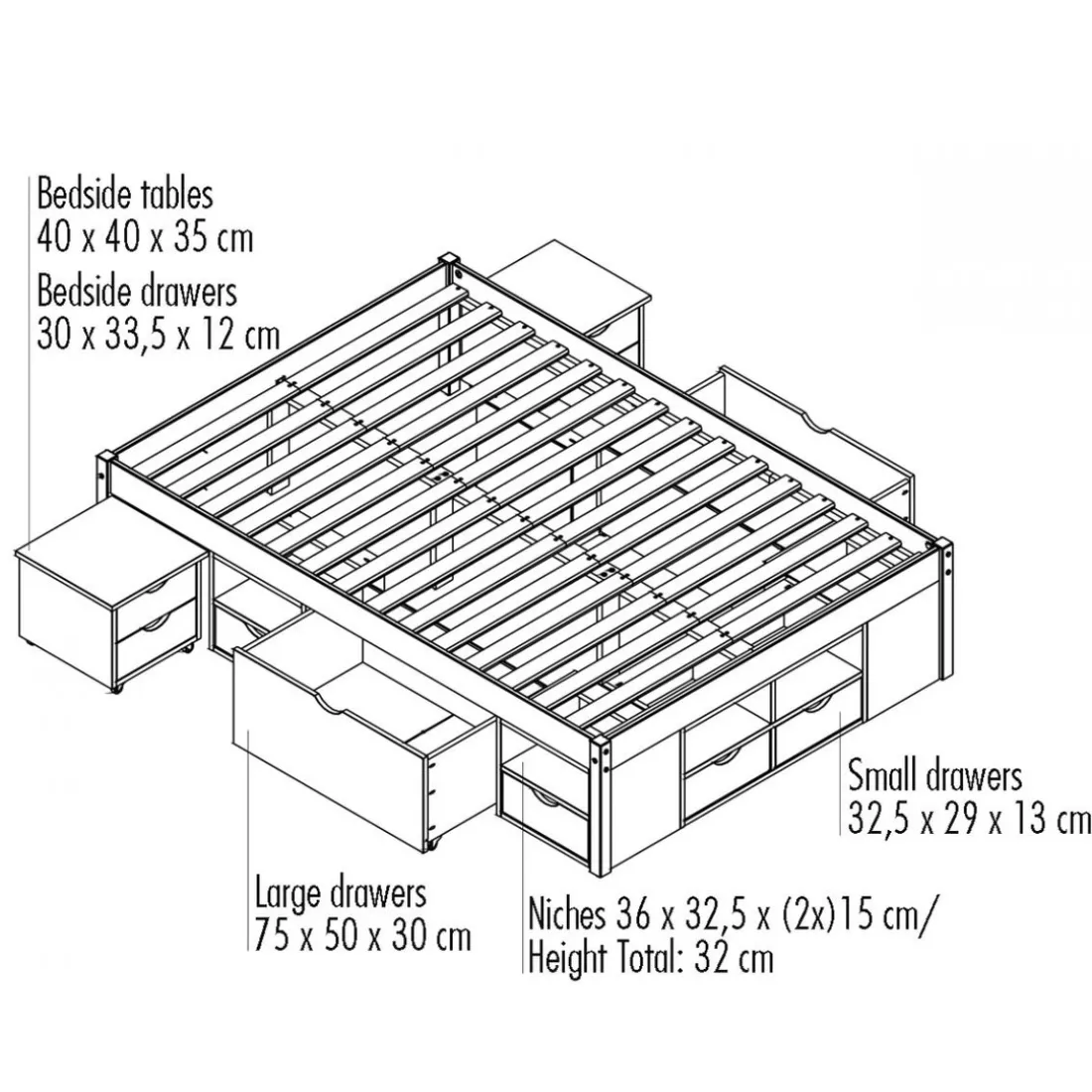 Lit en Pin Massif avec tiroirs de rangement IRIVO bois