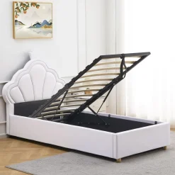 Lit simple avec tête de lit coquillage et sommier relevable Queenie Simili Blanc