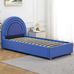 Lit simple avec tête de lit en arche et sommier relevable Bedbow Simili Bleu