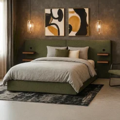 Lit-coffre complet avec tablettes et ports USB intégrés Lukas Tissu Vert