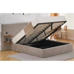 Lit-coffre complet avec tablettes et ports USB intégrés Lukas Tissu Taupe clair