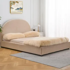 Lit-coffre complet avec tête de lit arrondie Tissu bouclette Beige