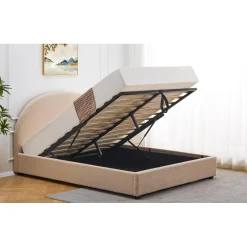 Lit-coffre complet avec tête de lit arrondie Tissu bouclette Beige