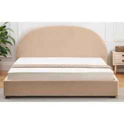 Lit-coffre complet avec tête de lit arrondie Tissu bouclette Beige