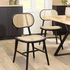 Lot de 2 chaises bois noir, assise et dossier en rotin naturel PIERRE