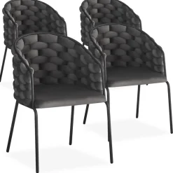 Lot de 4 chaises design au dossier arrondi style maillage Tricotane Velours Gris et Métal Noir