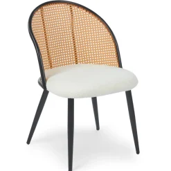 Lot de 4 chaises design Showan avec cannage Rotin et Tissu bouclette Crème