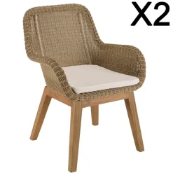 Lot de 2 fauteuils jardin rotin synthé. et coussin, pieds droit KALLY