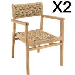 Lot de 2 fauteuils jardin teck rotin synthétique motif losange VALERIA