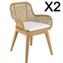 Lot de 2 fauteuils jardin teck rotin synthétique et coussin blanc VALERIA