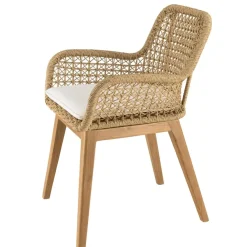 Lot de 2 fauteuils jardin teck rotin synthétique et coussin blanc VALERIA