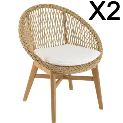 Lot de 2 fauteuils jardin arrondi teck rotin synthétique et coussin VALERIA